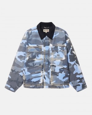 Long Sleeve Outerwear Stüssy Shop Jacket Spray Dye Tela Bleu Camouflage | SE28-Y5-WZ