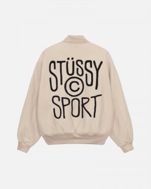 Long Sleeve Outerwear Stüssy Sport Melton Varsity Jacket Oatmeal | GK68-U5-AU