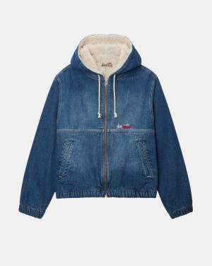 Long Sleeve Outerwear Stüssy Travail Jacket Denim Sherpa Bleu | XA37-E5-NJ