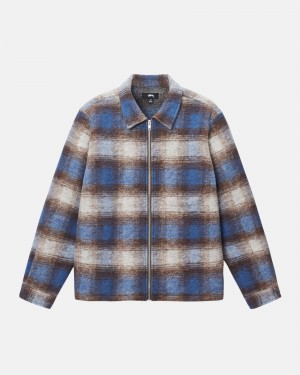 Long Sleeve Shirt Stüssy Brushed Laine Plaid Zip Shirt Bleu | QX11-Y0-RF