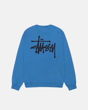 Long Sleeve Sweatshirt Stüssy Basic Stussy Crew Pigment Dyed Bleu | VG82-Y7-GD