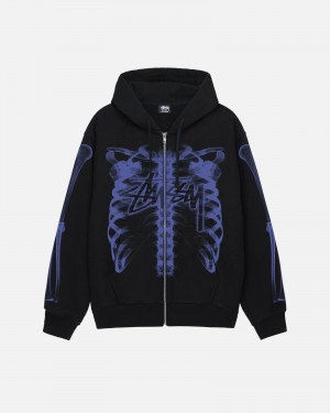 Long Sleeve Sweatshirt Stüssy Rib Cage Zip Hood Noir Violette | WR22-Y4-EG