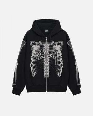 Long Sleeve Sweatshirt Stüssy Rib Cage Zip Hood Noir Blanche | AD85-I6-RZ