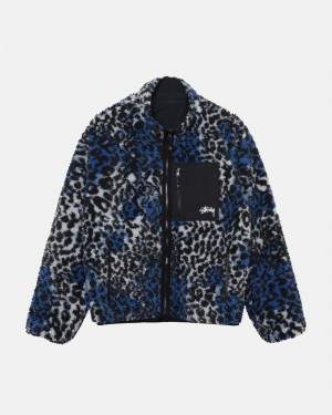 Long Sleeve Sweatshirt Stüssy Sherpa Reversible Jacket Bleu Leopard | IE27-N4-TV