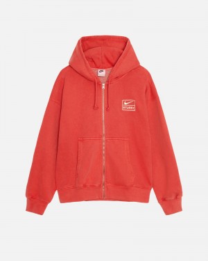 Long Sleeve Sweatshirt Stüssy & Nike Pigment Dyed Fleece Zip Hoodie Rouge | JZ80-D1-ZG