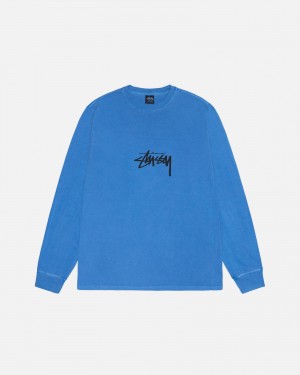 Long Sleeve T-Shirt Stüssy Small Stock LS Tee Pigment Dyed Bleu | IP32-H8-MP