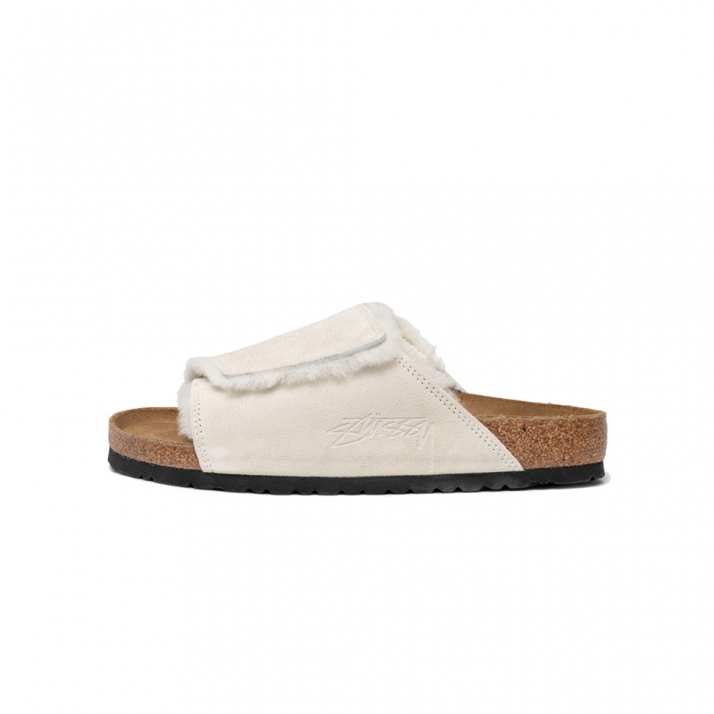 Chaussure Stüssy & Birkenstock Solana Shearling Claquette Bone | IX12-Q8-ML