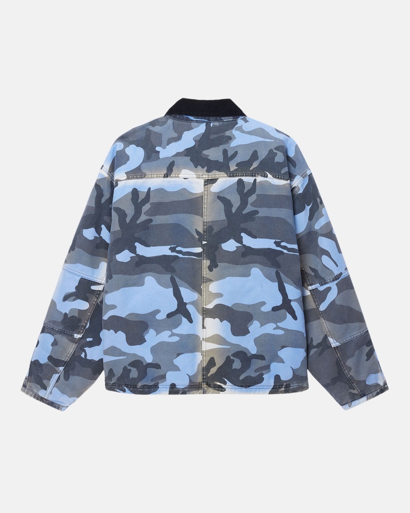 Long Sleeve Outerwear Stüssy Shop Jacket Spray Dye Tela Bleu Camouflage | SE28-Y5-WZ