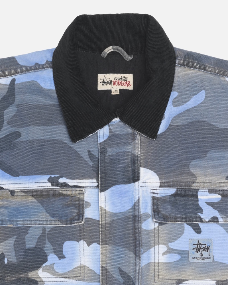 Long Sleeve Outerwear Stüssy Shop Jacket Spray Dye Tela Bleu Camouflage | SE28-Y5-WZ