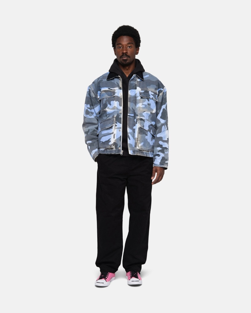 Long Sleeve Outerwear Stüssy Shop Jacket Spray Dye Tela Bleu Camouflage | SE28-Y5-WZ