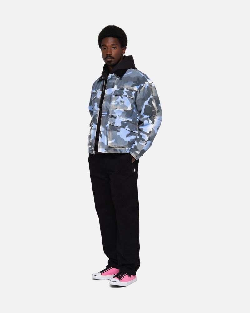 Long Sleeve Outerwear Stüssy Shop Jacket Spray Dye Tela Bleu Camouflage | SE28-Y5-WZ