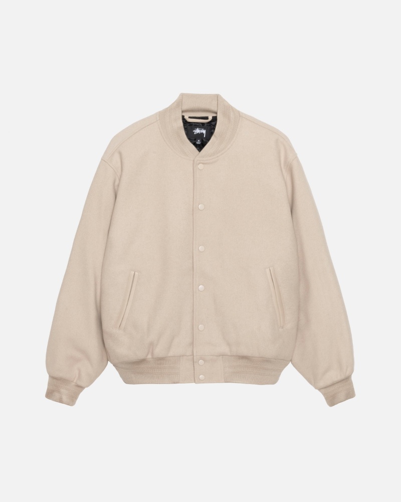 Long Sleeve Outerwear Stüssy Sport Melton Varsity Jacket Oatmeal | GK68-U5-AU