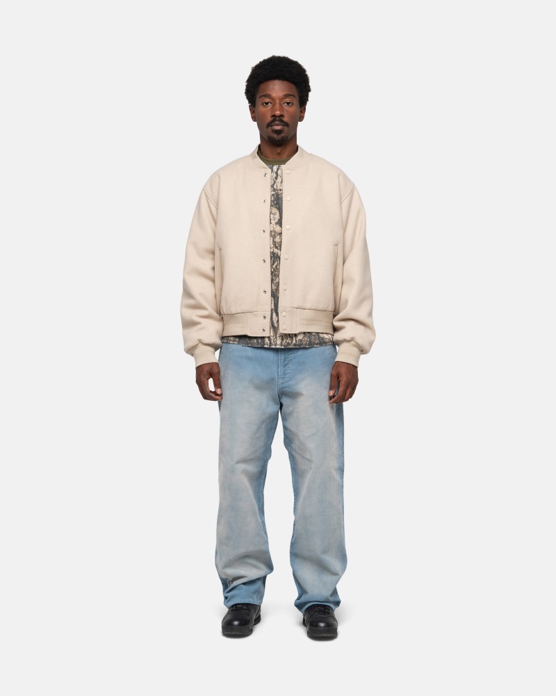 Long Sleeve Outerwear Stüssy Sport Melton Varsity Jacket Oatmeal | GK68-U5-AU