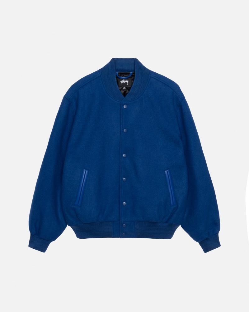 Long Sleeve Outerwear Stüssy Sport Melton Varsity Jacket Bleu Royal | EA58-O6-BG