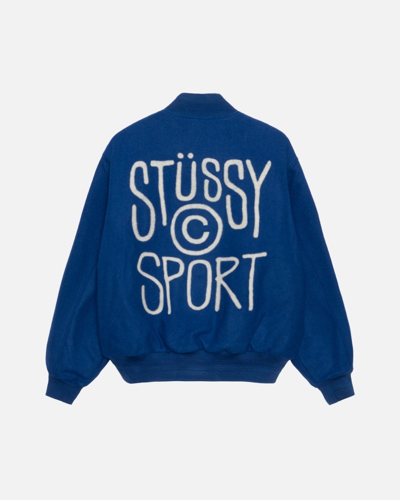 Long Sleeve Outerwear Stüssy Sport Melton Varsity Jacket Bleu Royal | EA58-O6-BG