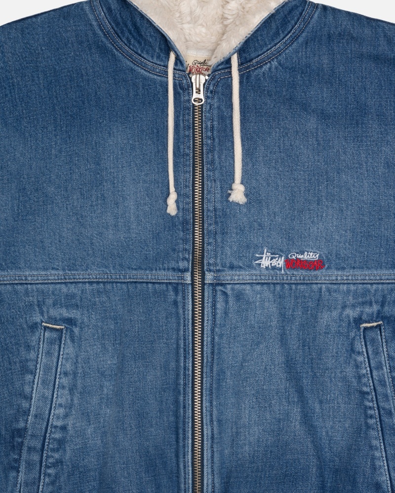 Long Sleeve Outerwear Stüssy Travail Jacket Denim Sherpa Bleu | XA37-E5-NJ