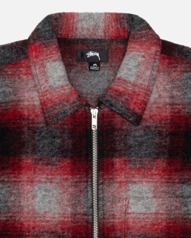 Long Sleeve Shirt Stüssy Brushed Laine Plaid Zip Shirt Rouge | KR57-K2-QD