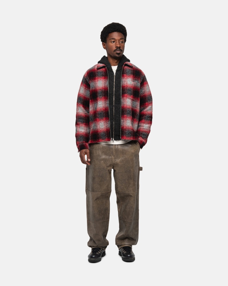 Long Sleeve Shirt Stüssy Brushed Laine Plaid Zip Shirt Rouge | KR57-K2-QD