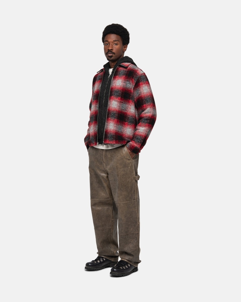 Long Sleeve Shirt Stüssy Brushed Laine Plaid Zip Shirt Rouge | KR57-K2-QD