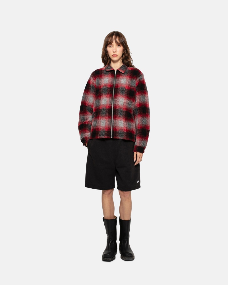 Long Sleeve Shirt Stüssy Brushed Laine Plaid Zip Shirt Rouge | KR57-K2-QD