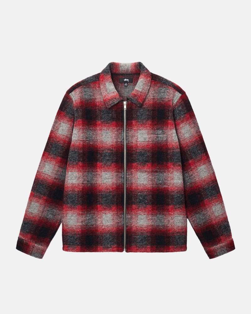 Long Sleeve Shirt Stüssy Brushed Laine Plaid Zip Shirt Rouge | KR57-K2-QD