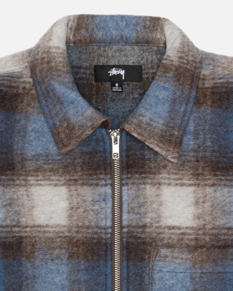 Long Sleeve Shirt Stüssy Brushed Laine Plaid Zip Shirt Bleu | QX11-Y0-RF