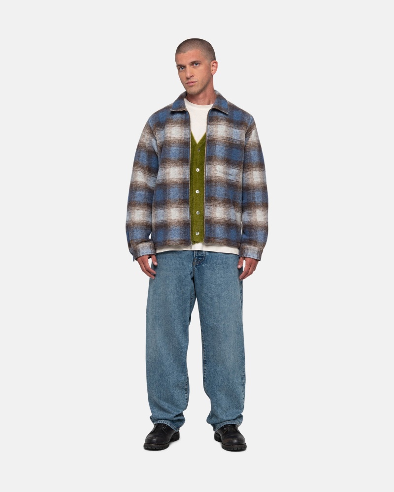 Long Sleeve Shirt Stüssy Brushed Laine Plaid Zip Shirt Bleu | QX11-Y0-RF