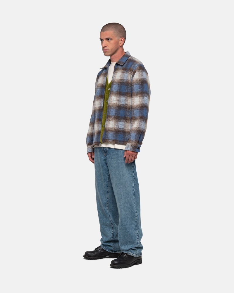 Long Sleeve Shirt Stüssy Brushed Laine Plaid Zip Shirt Bleu | QX11-Y0-RF