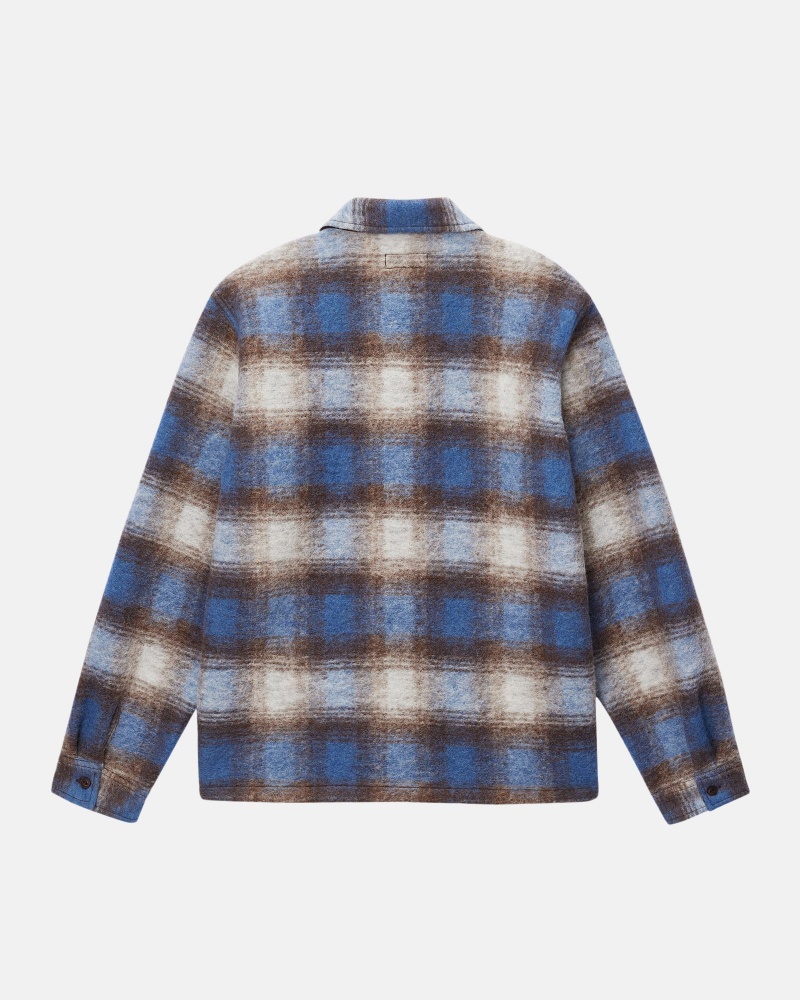 Long Sleeve Shirt Stüssy Brushed Laine Plaid Zip Shirt Bleu | QX11-Y0-RF