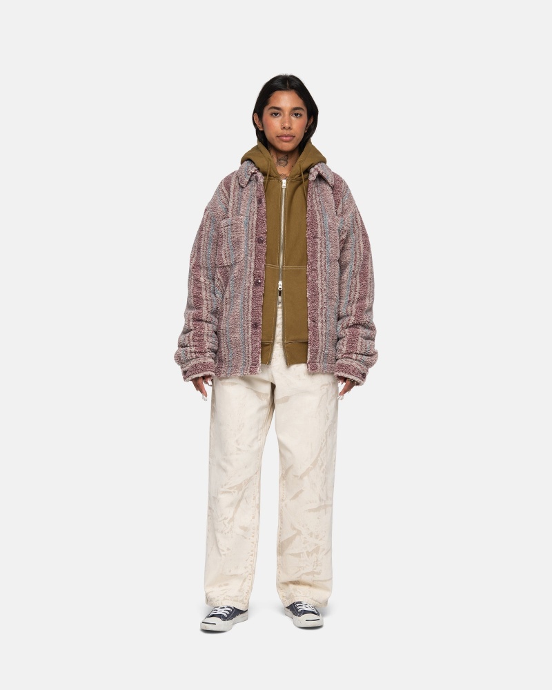 Long Sleeve Shirt Stüssy Rayé Sherpa Shirt Berry | YC36-E8-QP