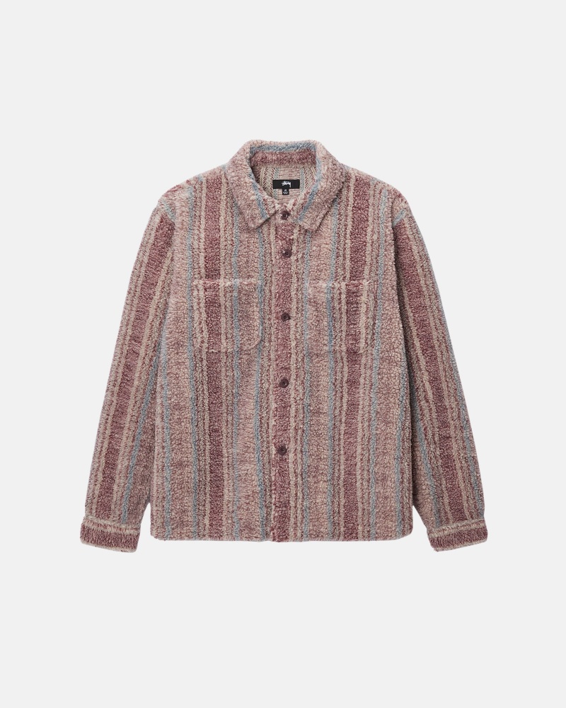 Long Sleeve Shirt Stüssy Rayé Sherpa Shirt Berry | YC36-E8-QP