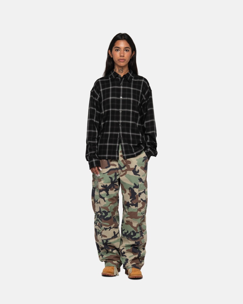 Long Sleeve Shirt Stüssy Shadow Plaid Rayon Shirt Noir | QA16-D4-ZC