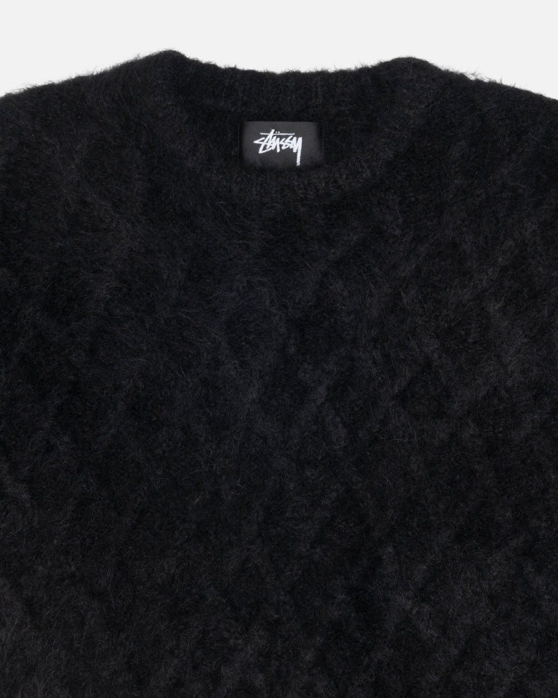 Long Sleeve Sweater Stüssy Fuzzy Lattice Crew Pull Noir | UD41-H1-YC