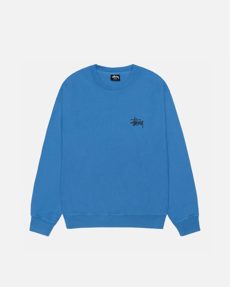 Long Sleeve Sweatshirt Stüssy Basic Stussy Crew Pigment Dyed Bleu | VG82-Y7-GD