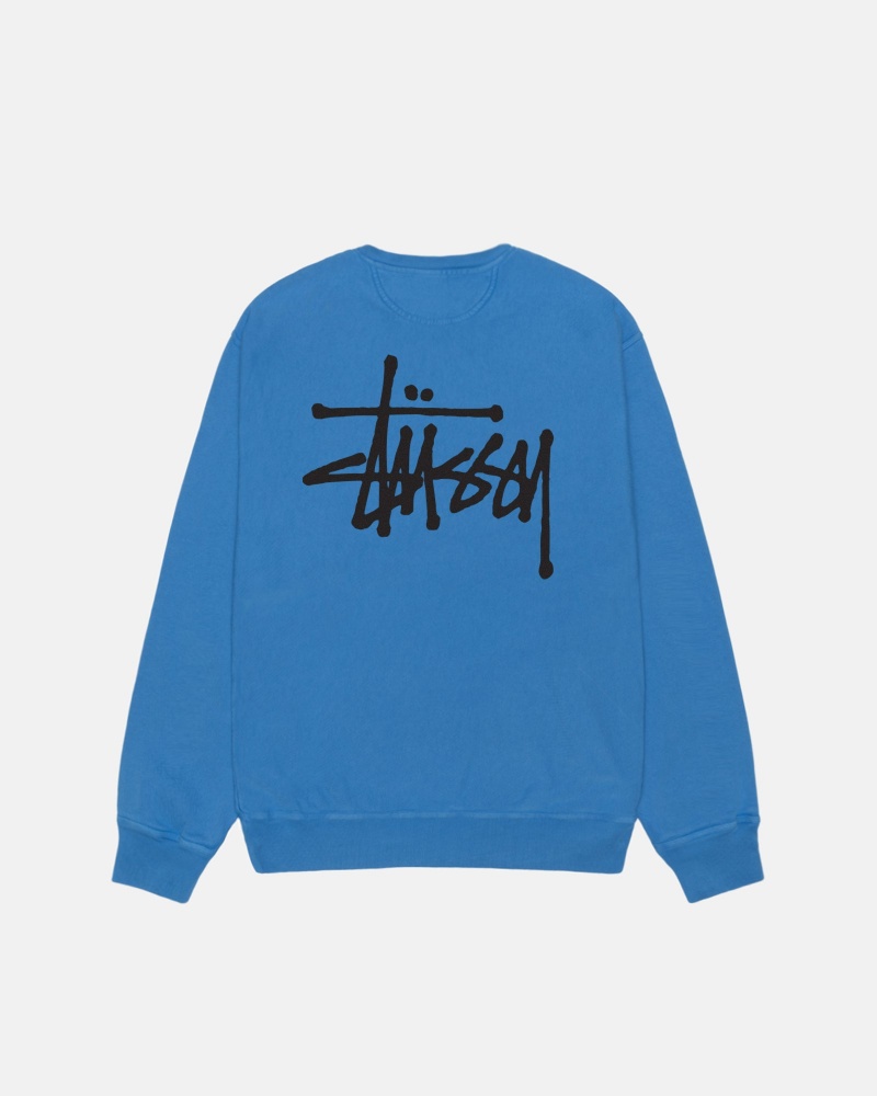 Long Sleeve Sweatshirt Stüssy Basic Stussy Crew Pigment Dyed Bleu | VG82-Y7-GD