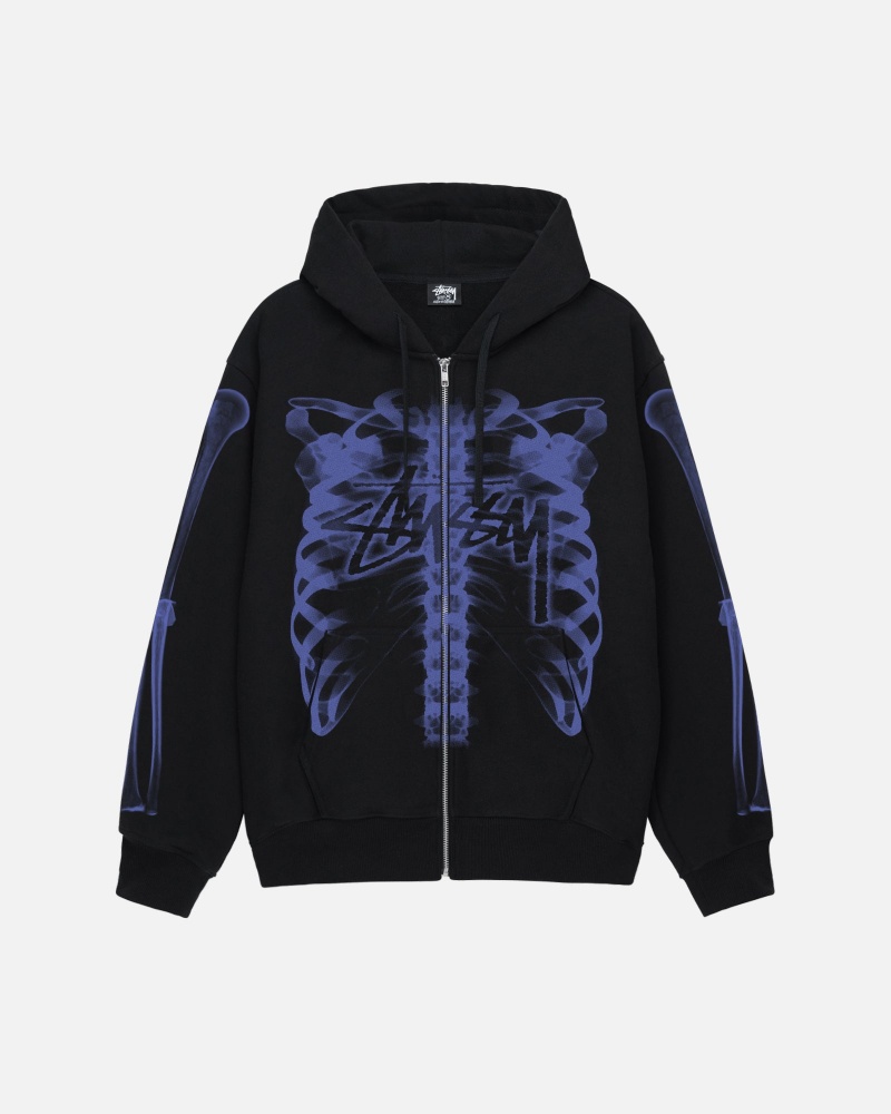 Long Sleeve Sweatshirt Stüssy Rib Cage Zip Hood Noir Violette | WR22-Y4-EG