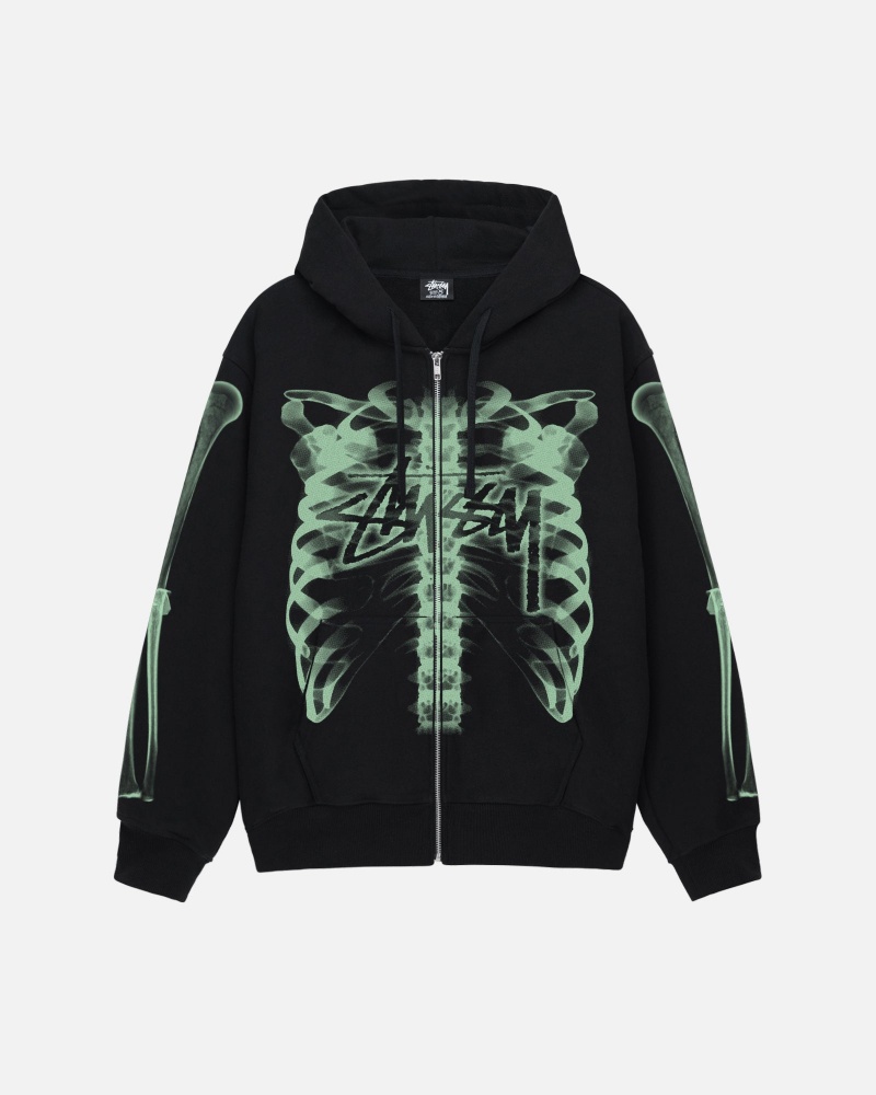 Long Sleeve Sweatshirt Stüssy Rib Cage Zip Hood Noir Vert | UM21-Q7-CH