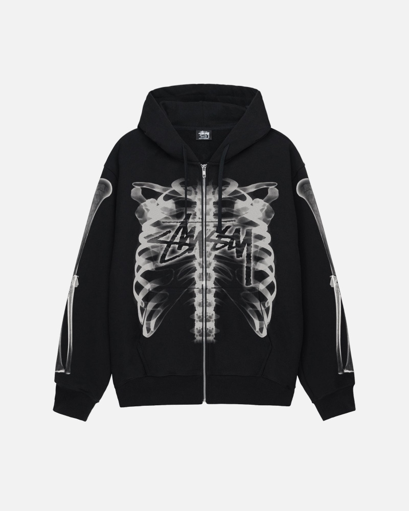 Long Sleeve Sweatshirt Stüssy Rib Cage Zip Hood Noir Blanche | AD85-I6-RZ