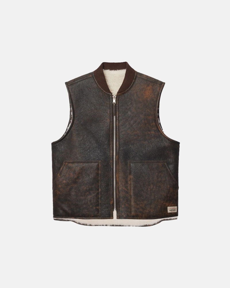 Sleeveless Outerwear Stüssy Reversible Shearling Workgear Vest Marron | CH18-H4-WL