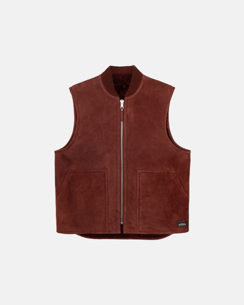 Sleeveless Outerwear Stüssy Reversible Shearling Workgear Vest Bordeaux | QT34-Q0-BZ