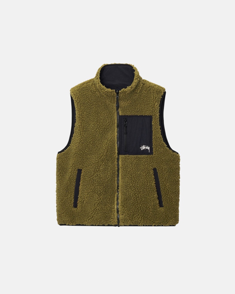 Sleeveless Sweatshirt Stüssy Sherpa Reversible Vest Vert Olive | FJ99-E2-LV